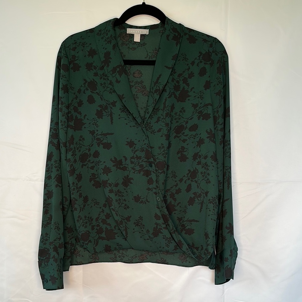 Chelsea28 Green Wrap Blouse with Notched Collar